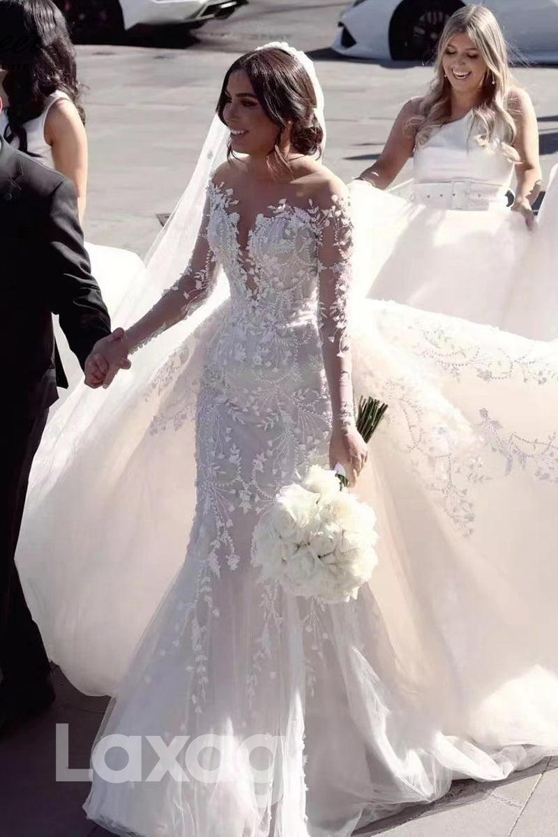 15552 - V Neck Illusion Sleeves Appliques Mermaid Wedding Dress With Long Overskirts