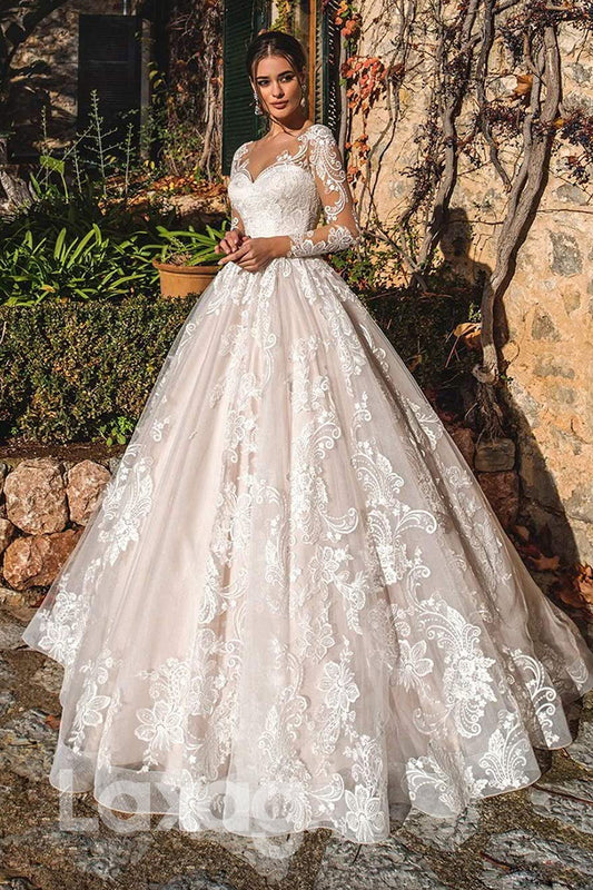 15555 - Illusion Sweetheart Long Sleeves Appliques A Line Lace Wedding Dress