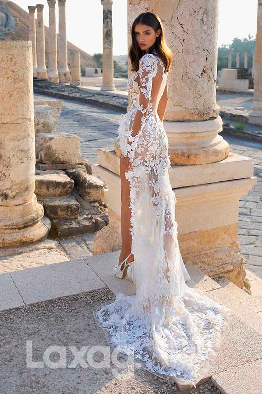 15556 - Illusion Body Long Sleeves Appliques Thigh Slit Mermaid Lace Wedding Dress