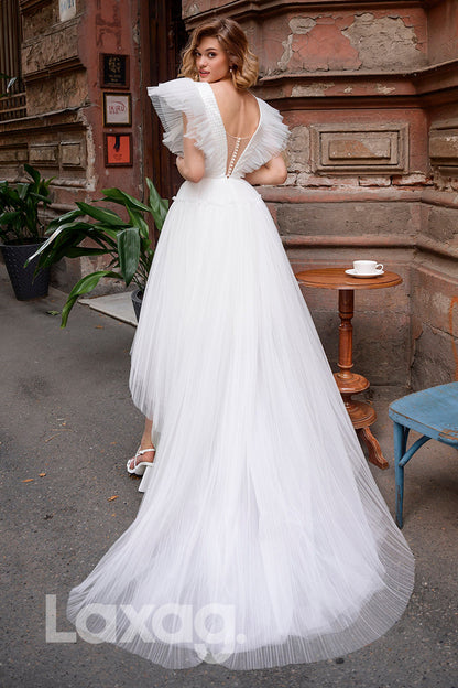 15562 - Plunging V Neck High Low Tulle A Line Wedding Dress