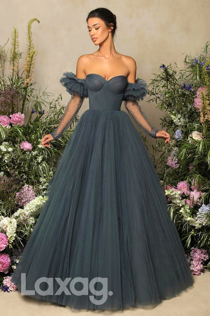 20792 - Off the Shoulder Pleats Long Sleeves Prom Dress |LAXAG