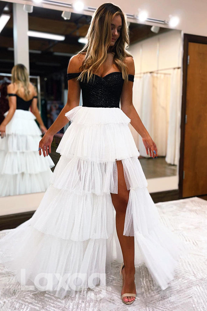 20793- Off the Shoulder Black Sequins Tidered Prom Dress with Slit|LAXAG