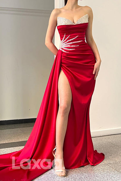 16821 - Sweetheart Thigh Slit Sequins Long Prom Dress