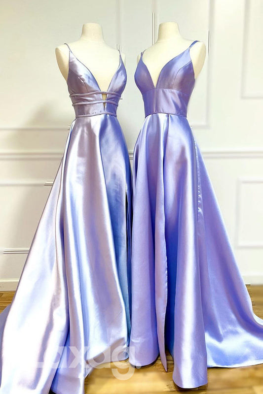 19783 - Plunging V-neck Lilac Satin Simple Prom Dress|LAXAG