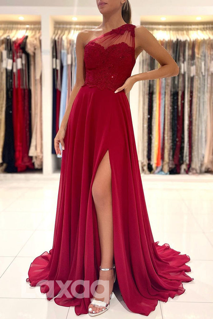 19785 - Unique One Shoulder Lace Appliques A-line Formal Evening Dress with Slit|LAXAG