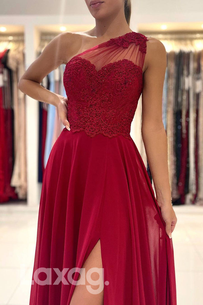 19785 - Unique One Shoulder Lace Appliques A-line Formal Evening Dress with Slit|LAXAG