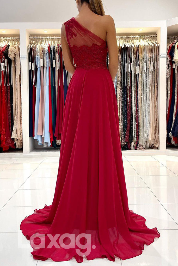 19785 - Unique One Shoulder Lace Appliques A-line Formal Evening Dress with Slit|LAXAG