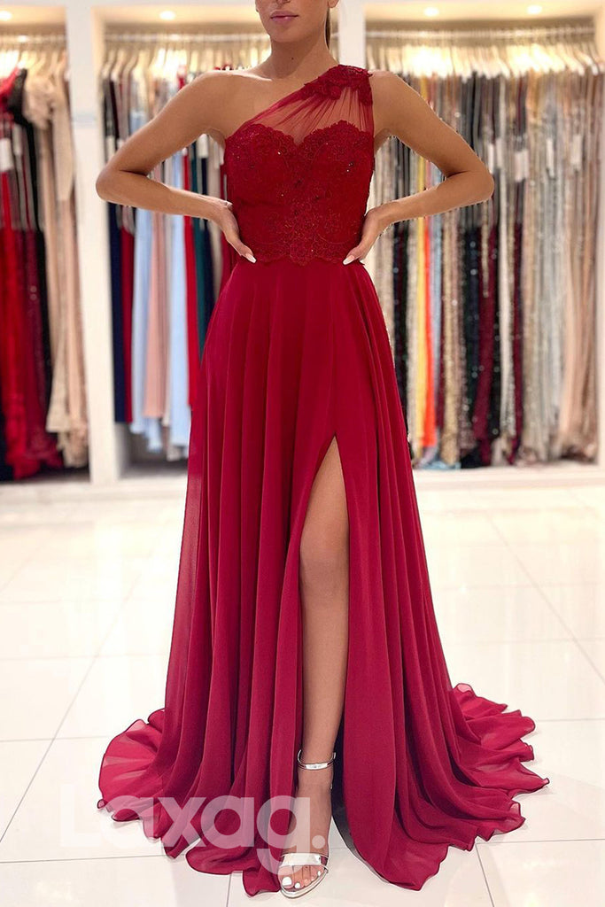 19785 - Unique One Shoulder Lace Appliques A-line Formal Evening Dress with Slit|LAXAG