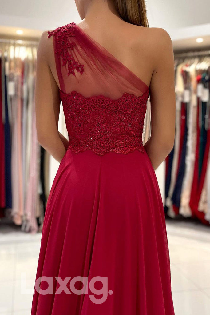 19785 - Unique One Shoulder Lace Appliques A-line Formal Evening Dress with Slit|LAXAG