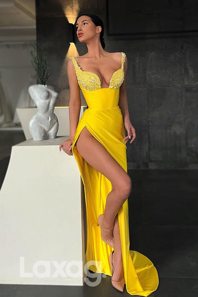 19791 - Sexy V-Neck Beads Sexy High Split Yellow Formal Evening Dress|LAXAG