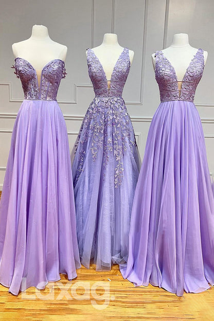 19795 - Plunging V-Neck Lace Appliques Lilac Prom Dress|LAXAG