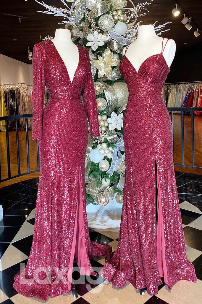 19796 - Plunging V-Neck Sequins Burgundy Prom Dress Glitter|LAXAG