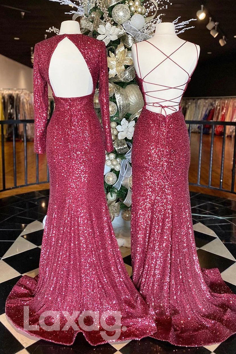 19796 - Plunging V-Neck Sequins Burgundy Prom Dress Glitter|LAXAG