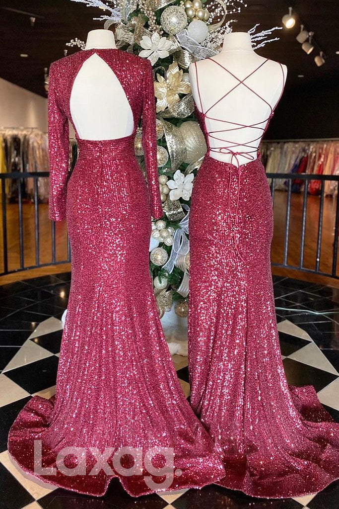 19796 - Plunging V-Neck Sequins Burgundy Prom Dress Glitter|LAXAG