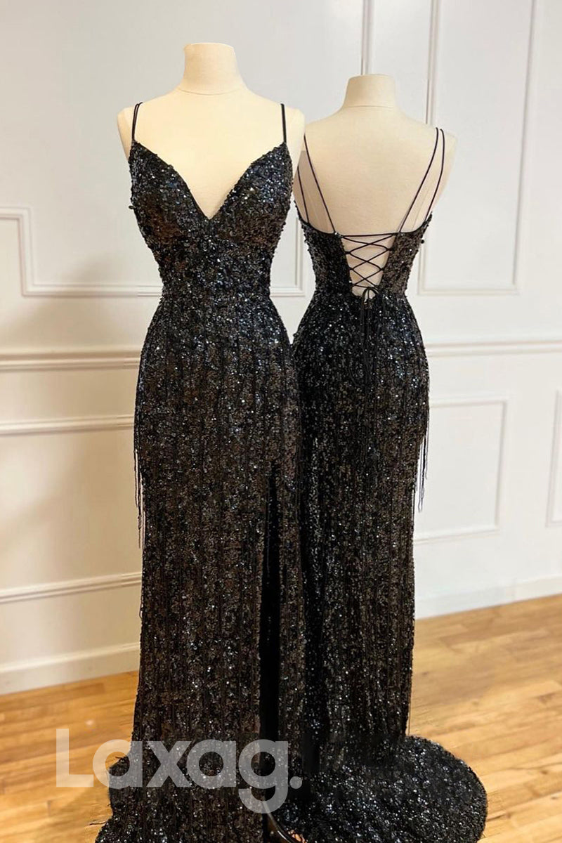 19797 - Plunging V-Neck Sequins Black Prom Dress Glitter|LAXAG