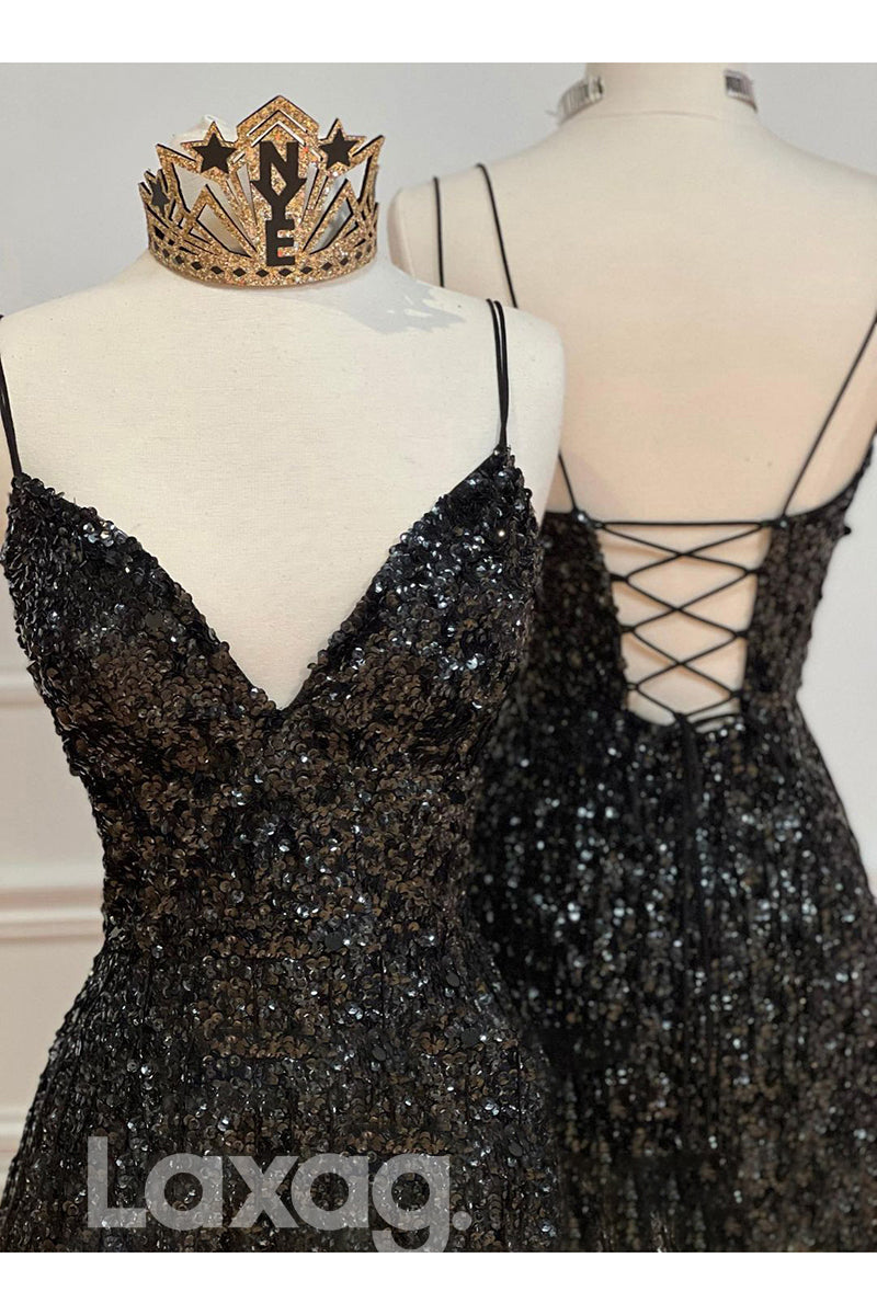 19797 - Plunging V-Neck Sequins Black Prom Dress Glitter|LAXAG