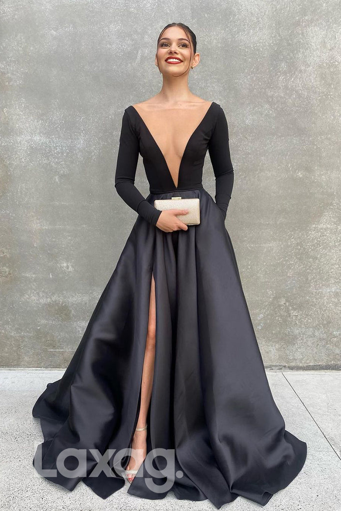 19798 - Attractive Deep V-Neck Long Sleeves Black Formal Evening Dress with Pokctes|LAXAG