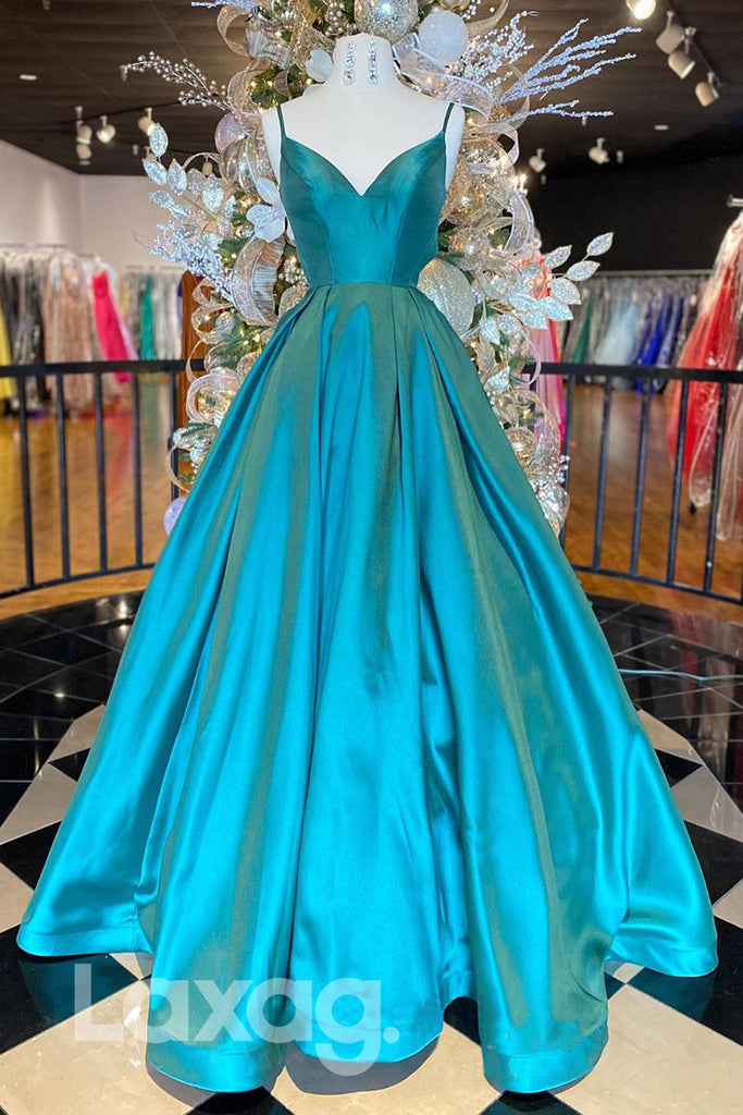 19799 - Women's Spaghetti Straps Satin Simple Prom Dress with Pockets|LAXAG