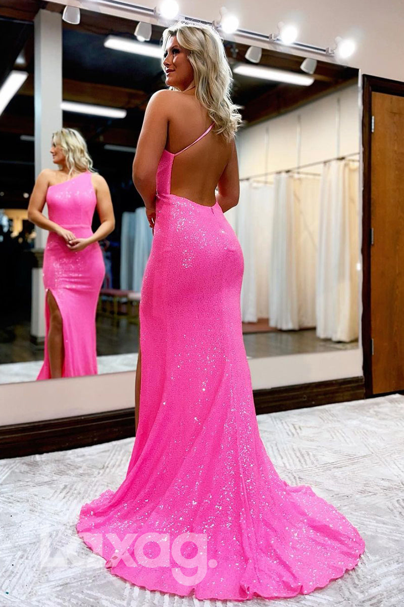 20700 - Unique One Shoulder Sequins Sparkly Prom Dress with Slit|LAXAG