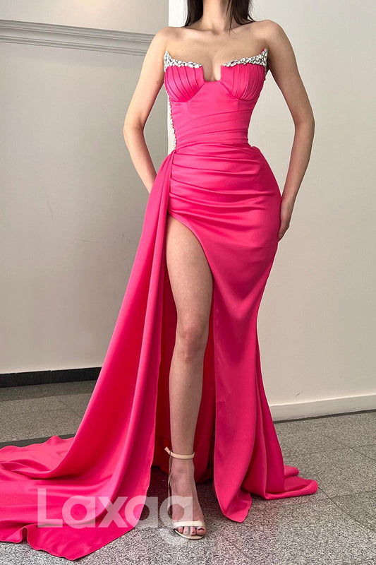 20704 - Barbie Pink Thigh Slit Beaded Neck Prom Dress