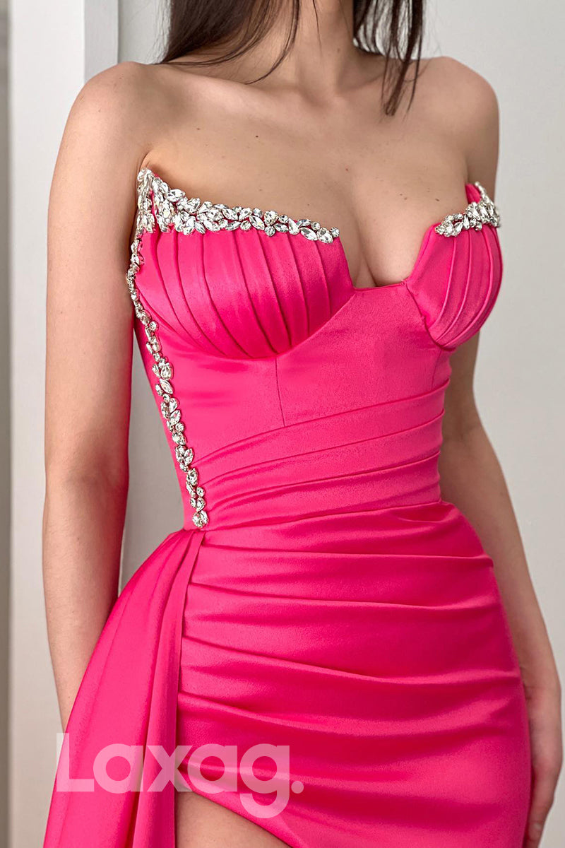 20704 - Barbie Pink Thigh Slit Beaded Neck Prom Dress