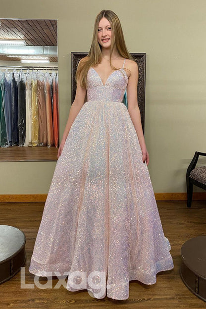20708 - Women's Spaghetti Straps V-neck Sparkly Prom Dress with Pockets|LAXAG