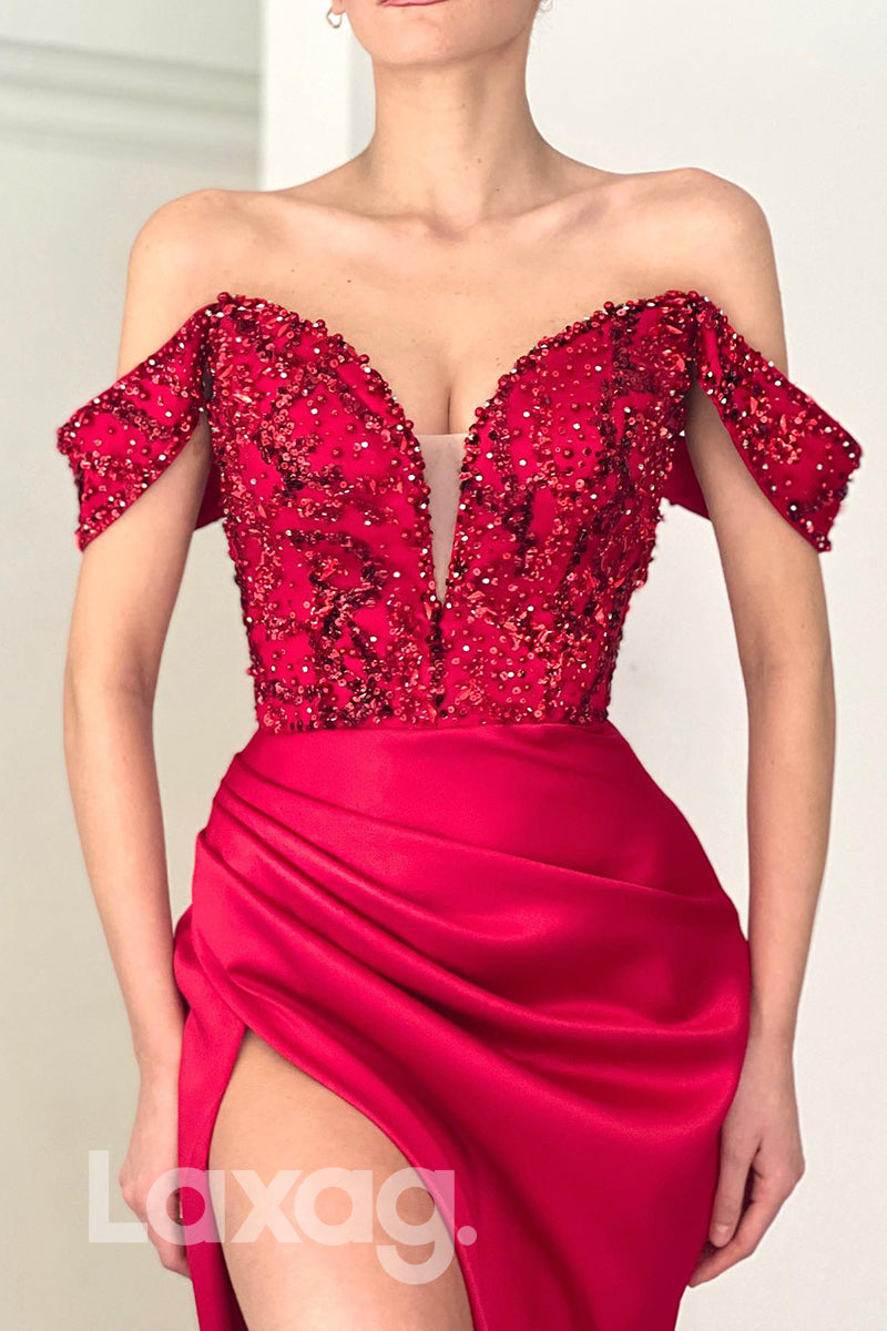 20709 - Off Shoulder Beaded Top Prom Dress with Slit