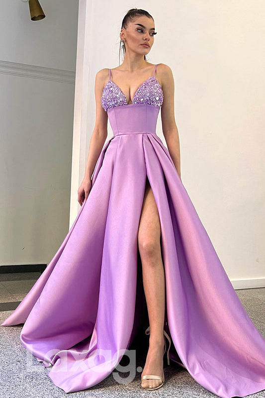 20711 - Spaghetti Sequined Neck Thigh Slit Long Lavender Prom Dress