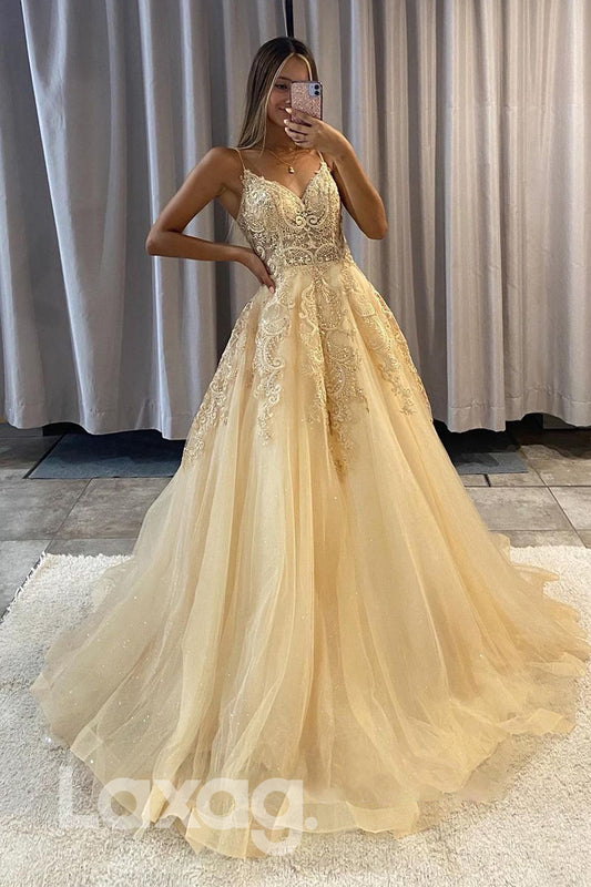 20718 - Spaghetti Straps Lace Appliques A-line Long Prom Dress|LAXAG