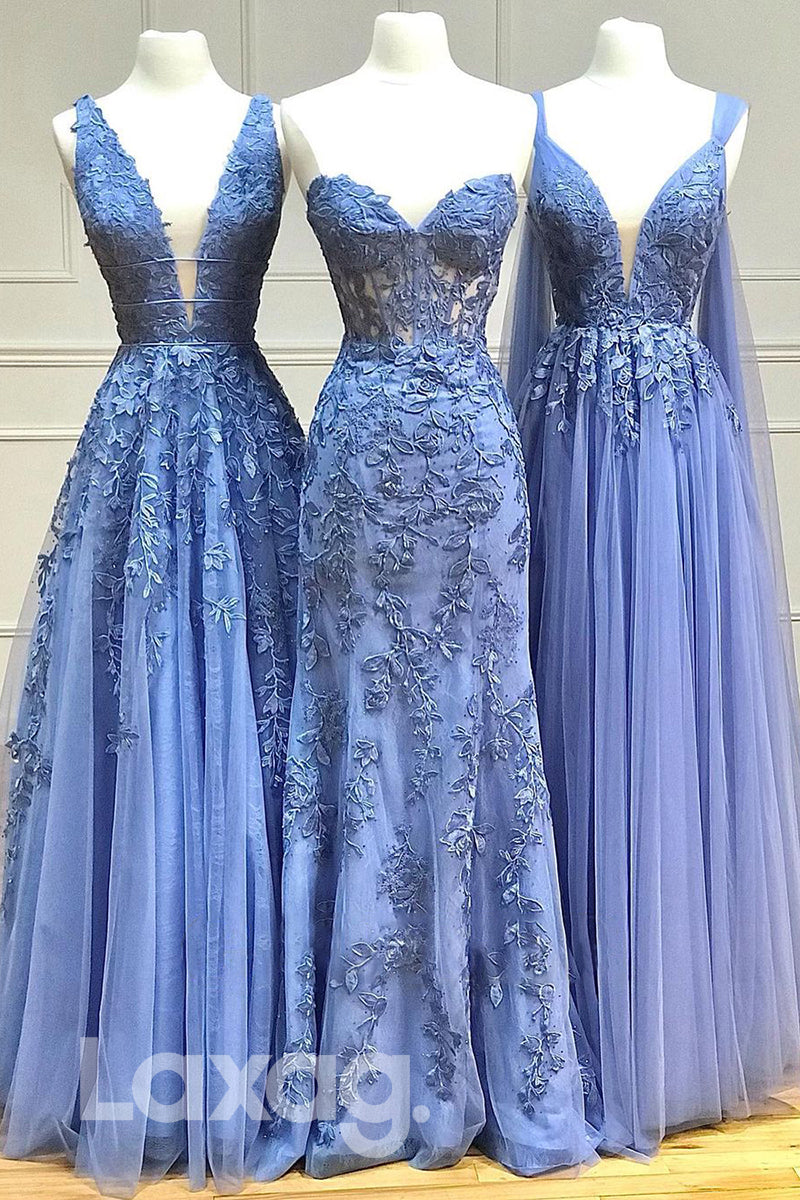 20719 - A-line Deep V-Neck Lace Appliques Lilac Prom Dress Long|LAXAG