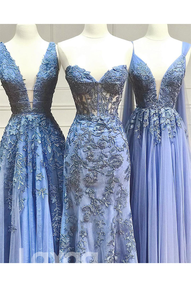 20719 - A-line Deep V-Neck Lace Appliques Lilac Prom Dress Long|LAXAG