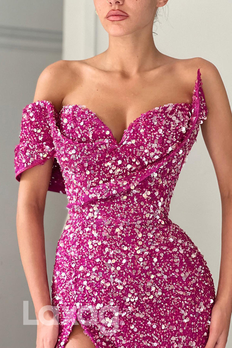 20727 - Off Shoulder Sweetheart Thigh Slit Sequins Prom Dress