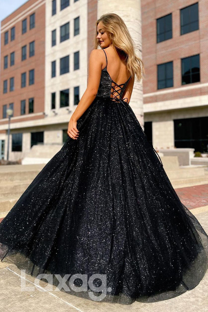 20741 - Spaghetti Straps Beads Black Long Prom Dress Glitter|LAXAG