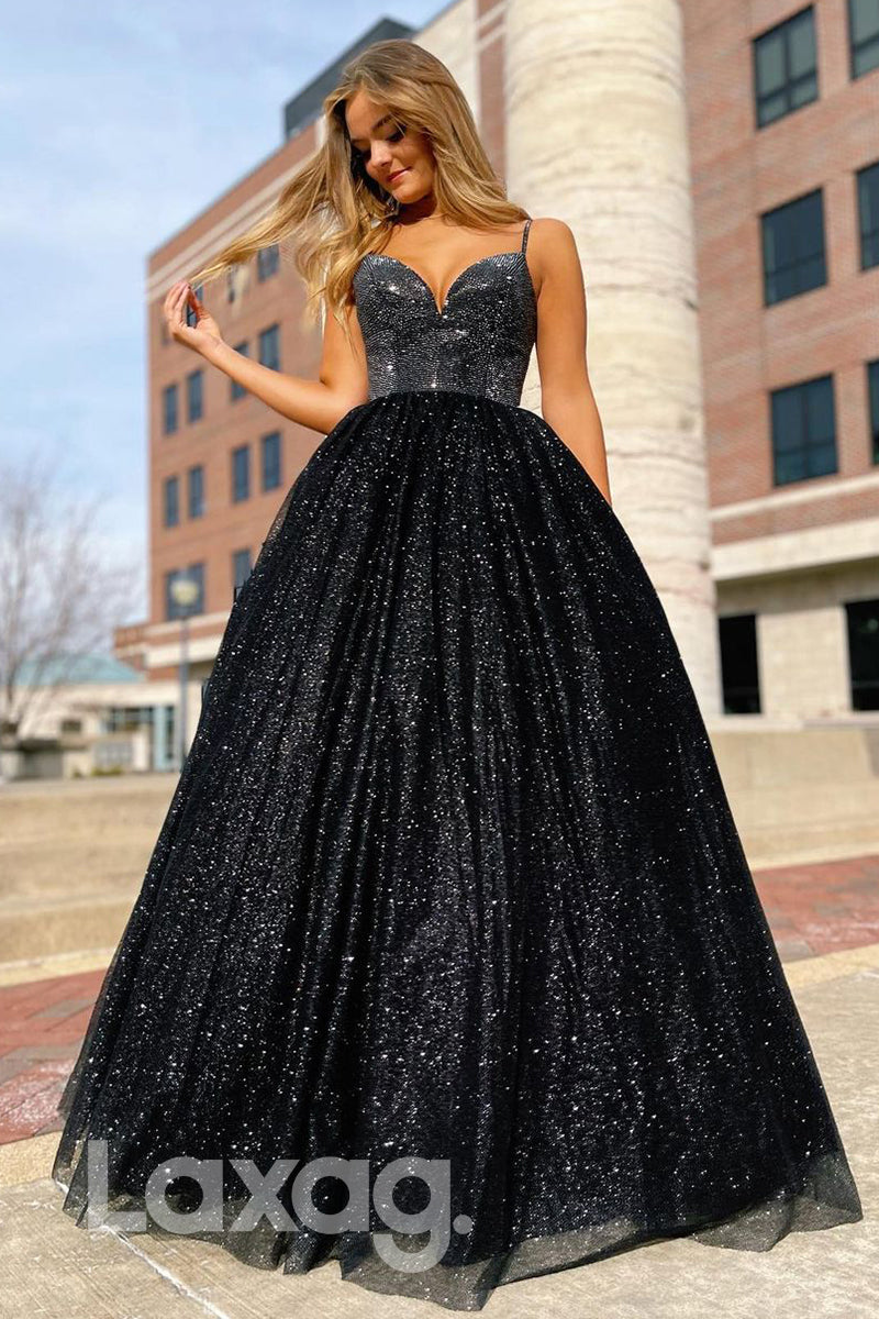 20741 - Spaghetti Straps Beads Black Long Prom Dress Glitter|LAXAG