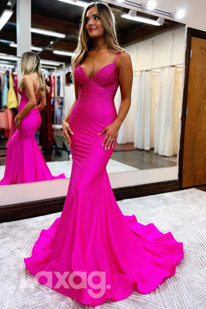 20743 - Spaghetti Straps Beads Mermaid Prom Dress Glitter|LAXAG