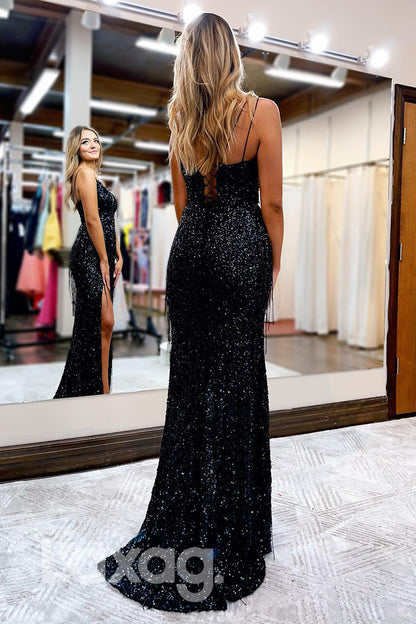 20745 - Plunging V-neck Beads Sequins Prom Dress with Slit|LAXAG