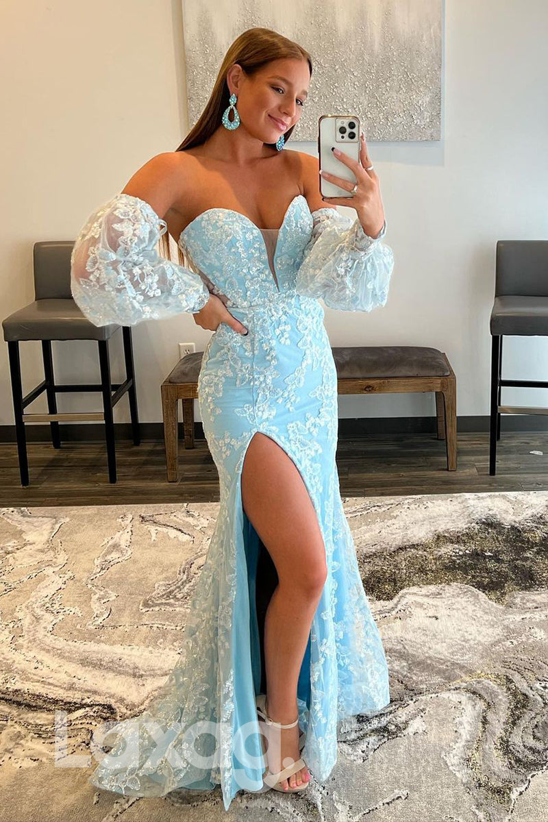 20749 - Plunging V-neck Exquisite Lace Long Sleeves Prom Dress with Slit|LAXAG