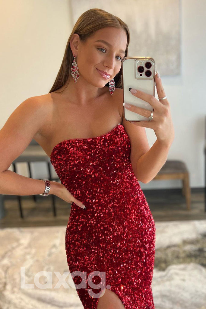 20750 - Strapless Sequins High Split Burgundy Prom Dress with Slit|LAXAG