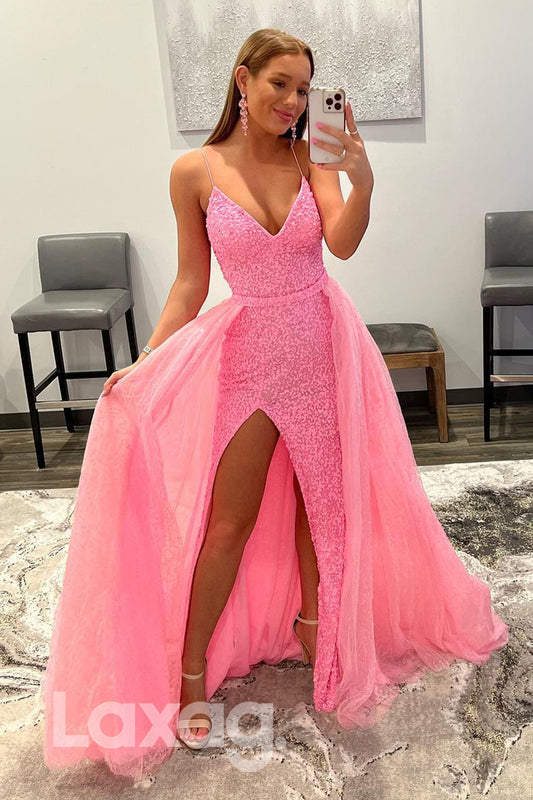 20752 - Spaghetti Straps Pink Sequins Prom Dress with Detachable Skirt|LAXAG