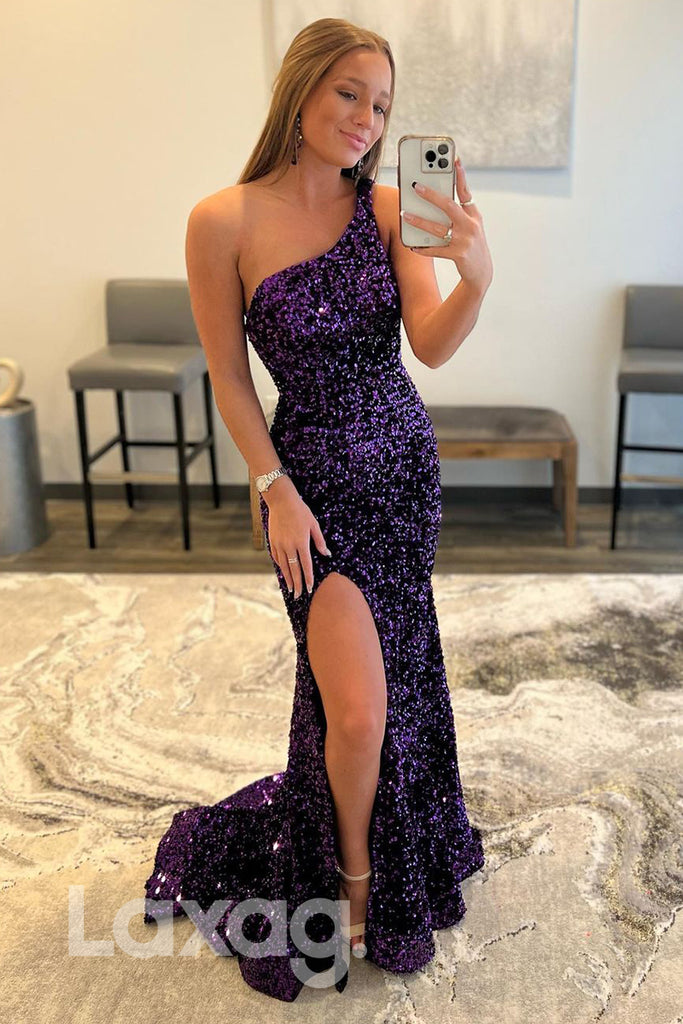 20755 - Unique One Shoulder Purple Sequins Prom Dress with Slit|LAXAG