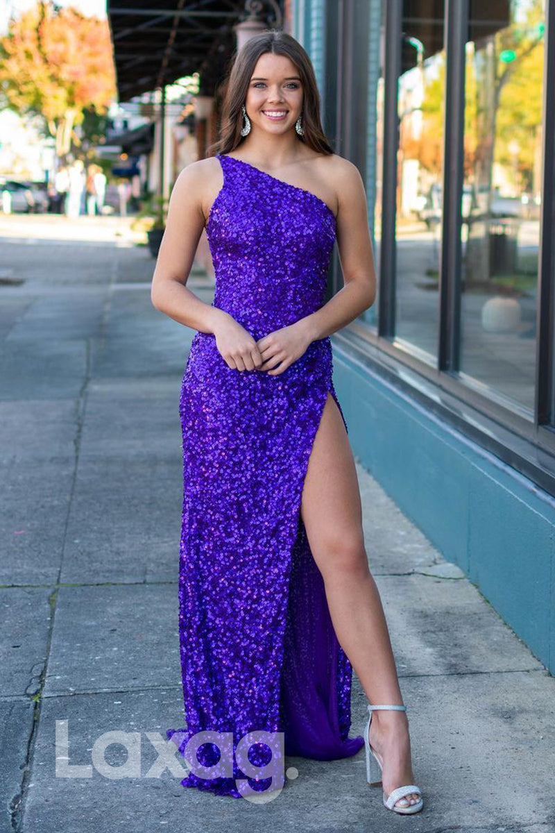 20756 - One Shoulder Purple Sequins Prom Dress with Slit|LAXAG