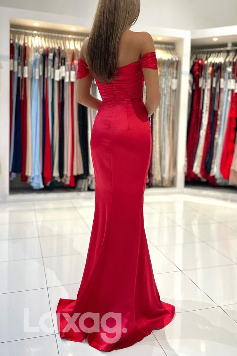 20762 - Off the Shoulder Pleats Red Long Formal Evening Dress|LAXAG