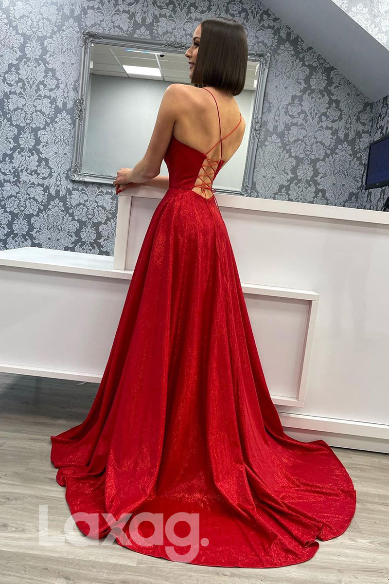 20765 - Spaghetti Straps High Split Red Prom Dress with Pockets|LAXAG