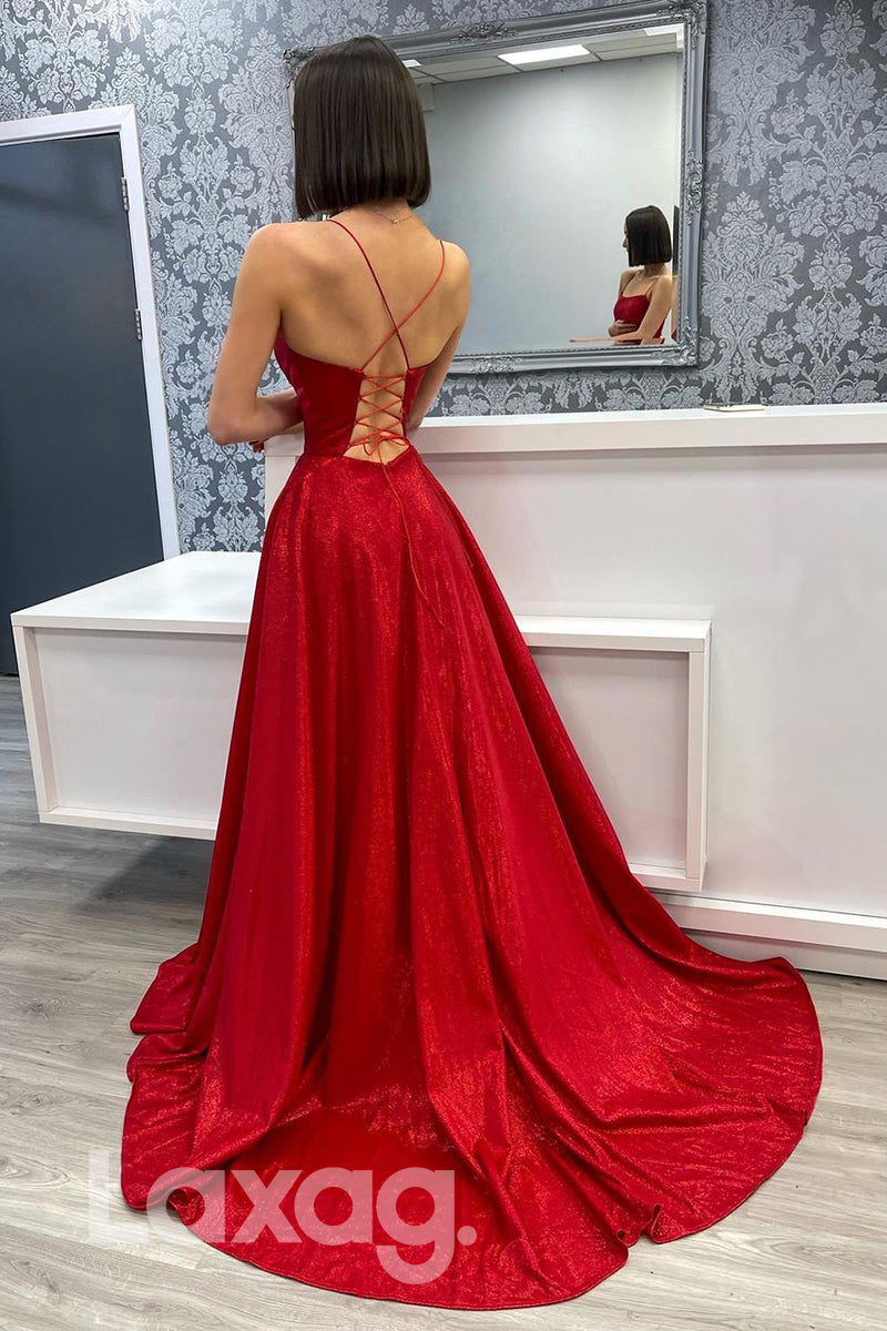 20765 - Spaghetti Straps High Split Red Prom Dress with Pockets|LAXAG
