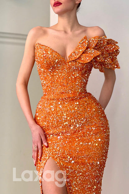 20777 - Strapless 3D Appliques Sequins Thigh Slit Long Prom Dress