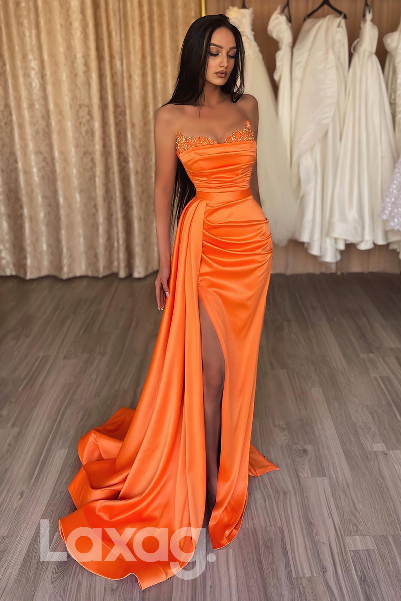 14702 - Orange Thigh Slit Sequined Pleated Ruched Prom Gown