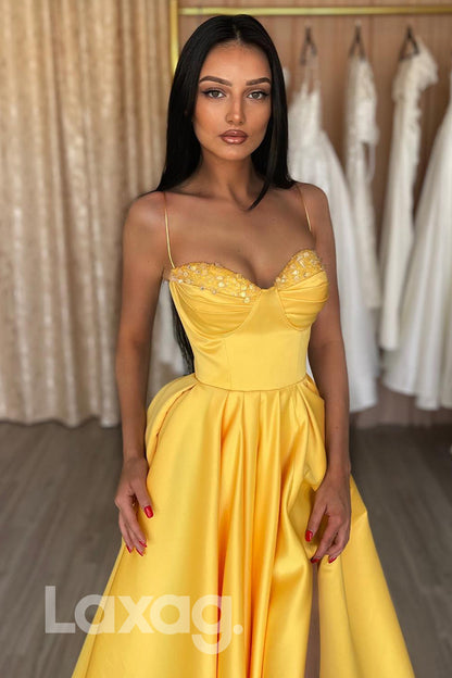 14729 - Yellow Spaghetti Straps Pleated Skirt Slit Prom Gown