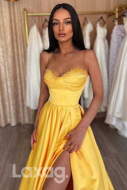 14729 - Yellow Spaghetti Straps Pleated Skirt Slit Prom Gown
