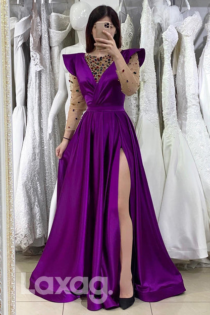 14749 - Diamond Illusion V-Neck Long Sleeves Prom Gown with Slit