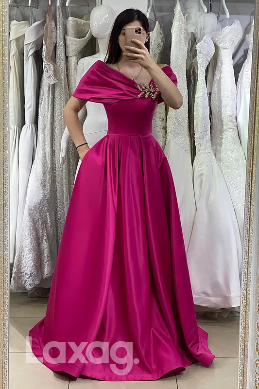 14778 - Off Shoulder V Neck Simple Satin Rosy Pink Prom Gown